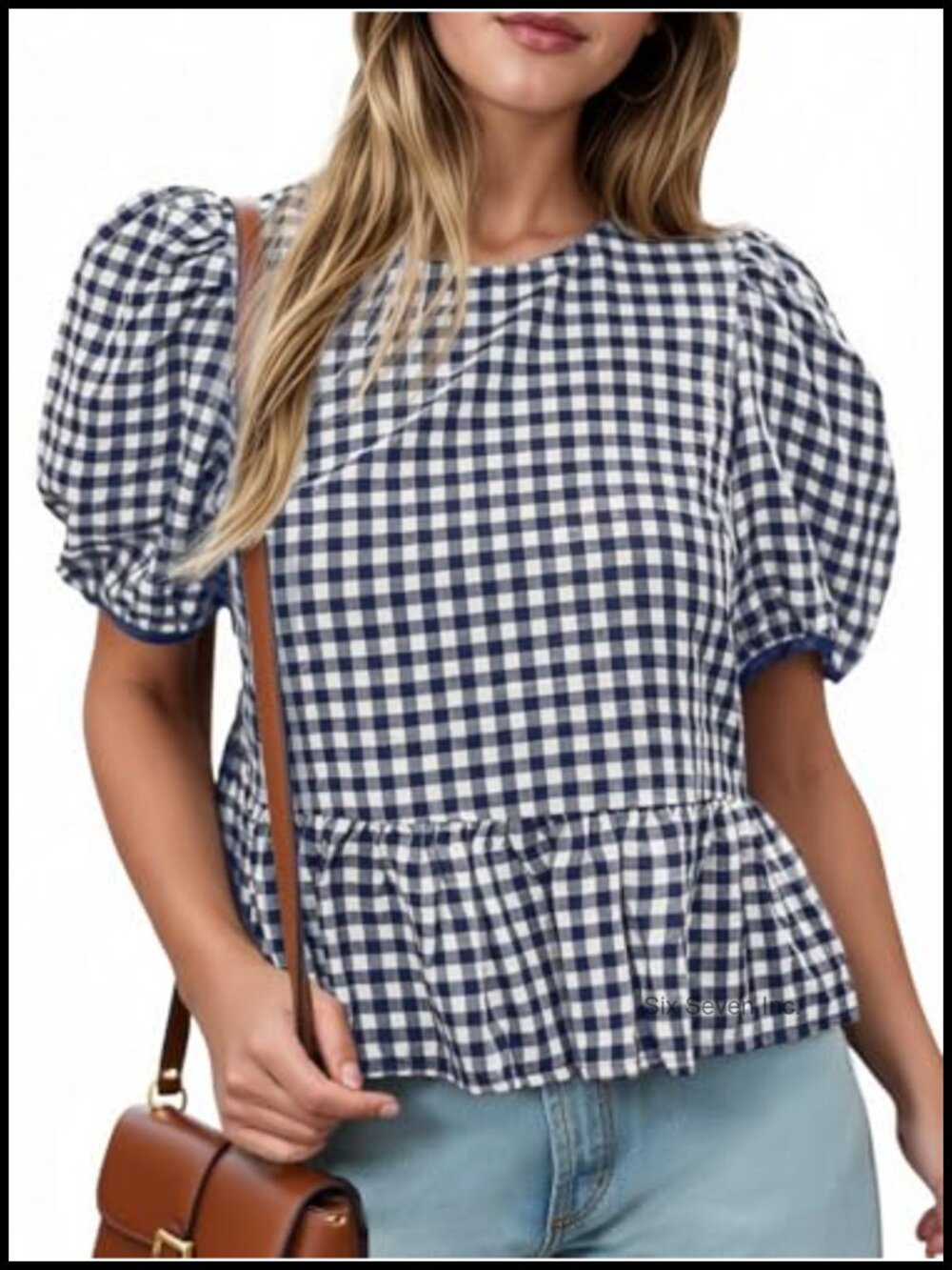 Cotton Puff Sleeve Gingham Blouse Ruffle Peplum Top